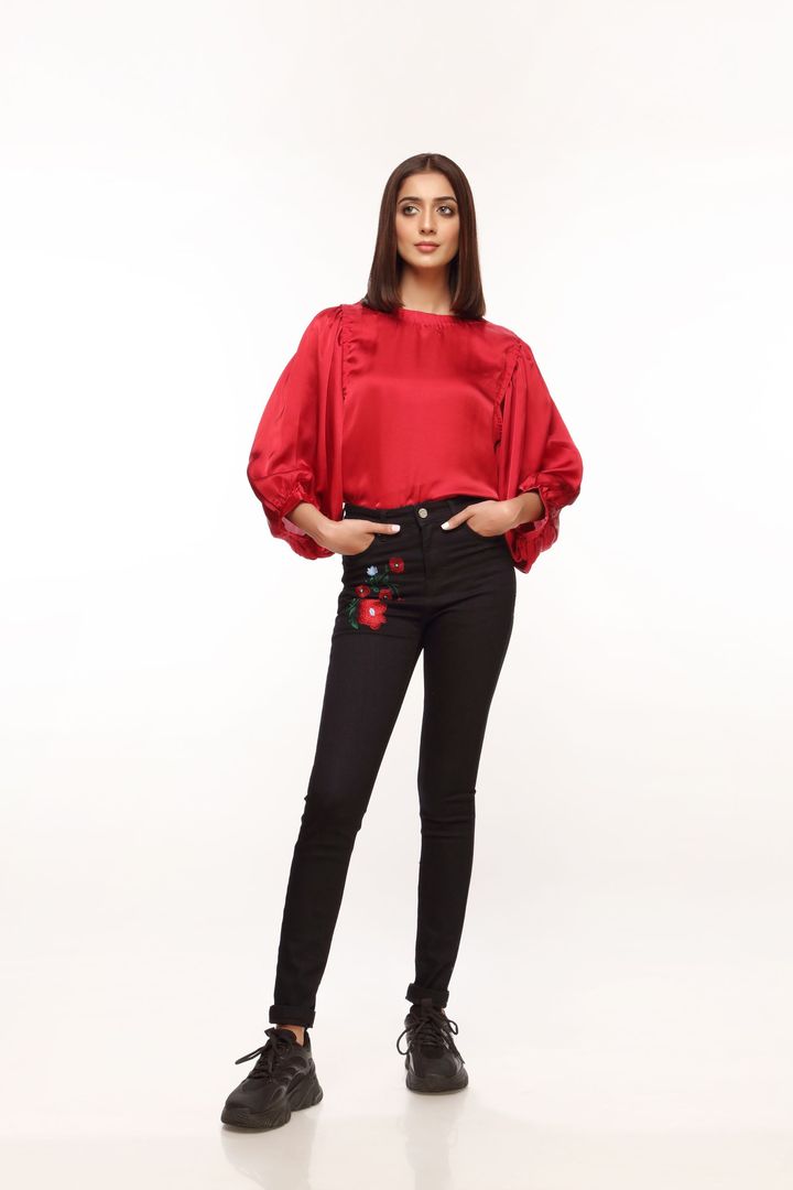 Red Silk Top With Gathered Sleeves